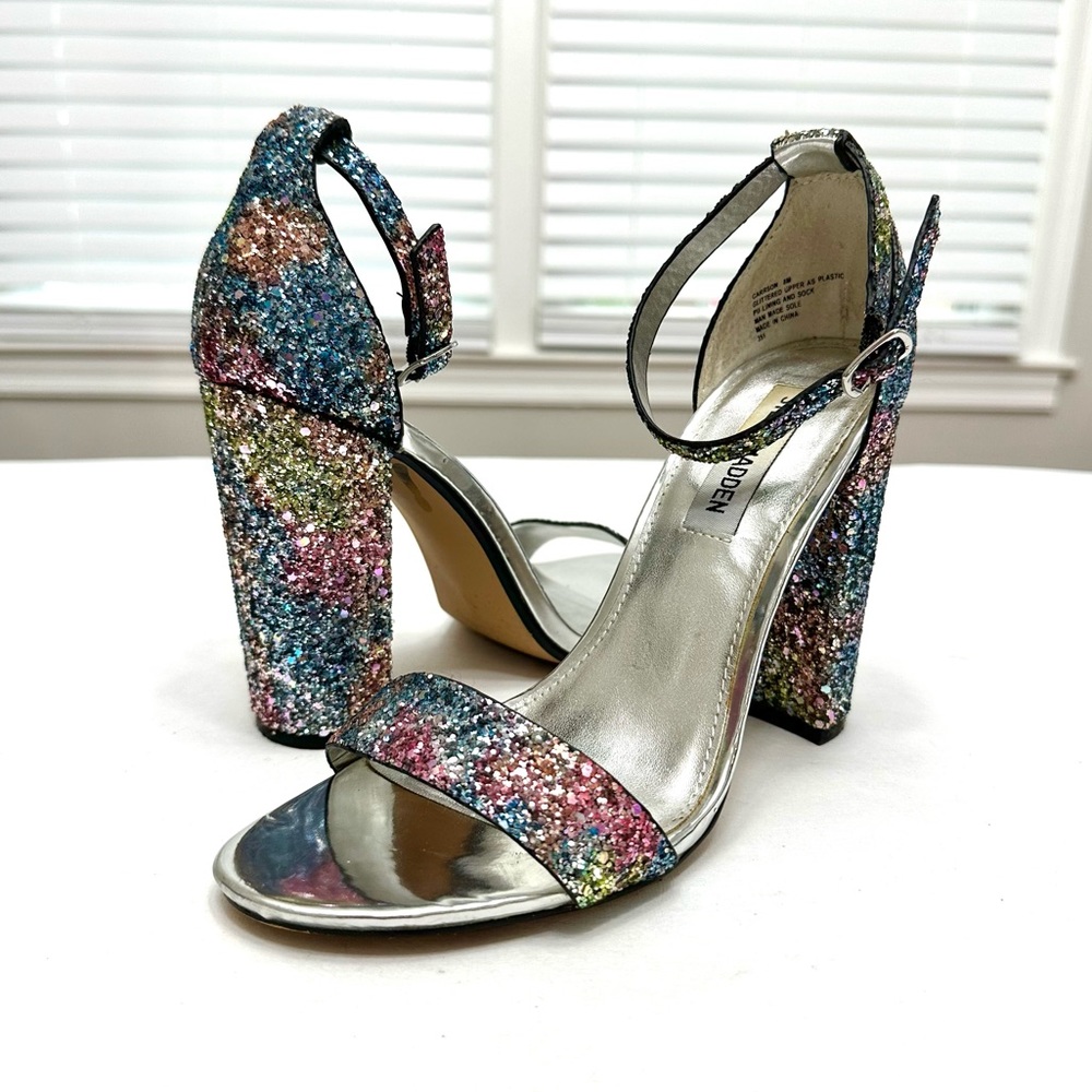 Steve Madden Carrson Multi Color Rainbow Glitter Ankle Strap Heels 8